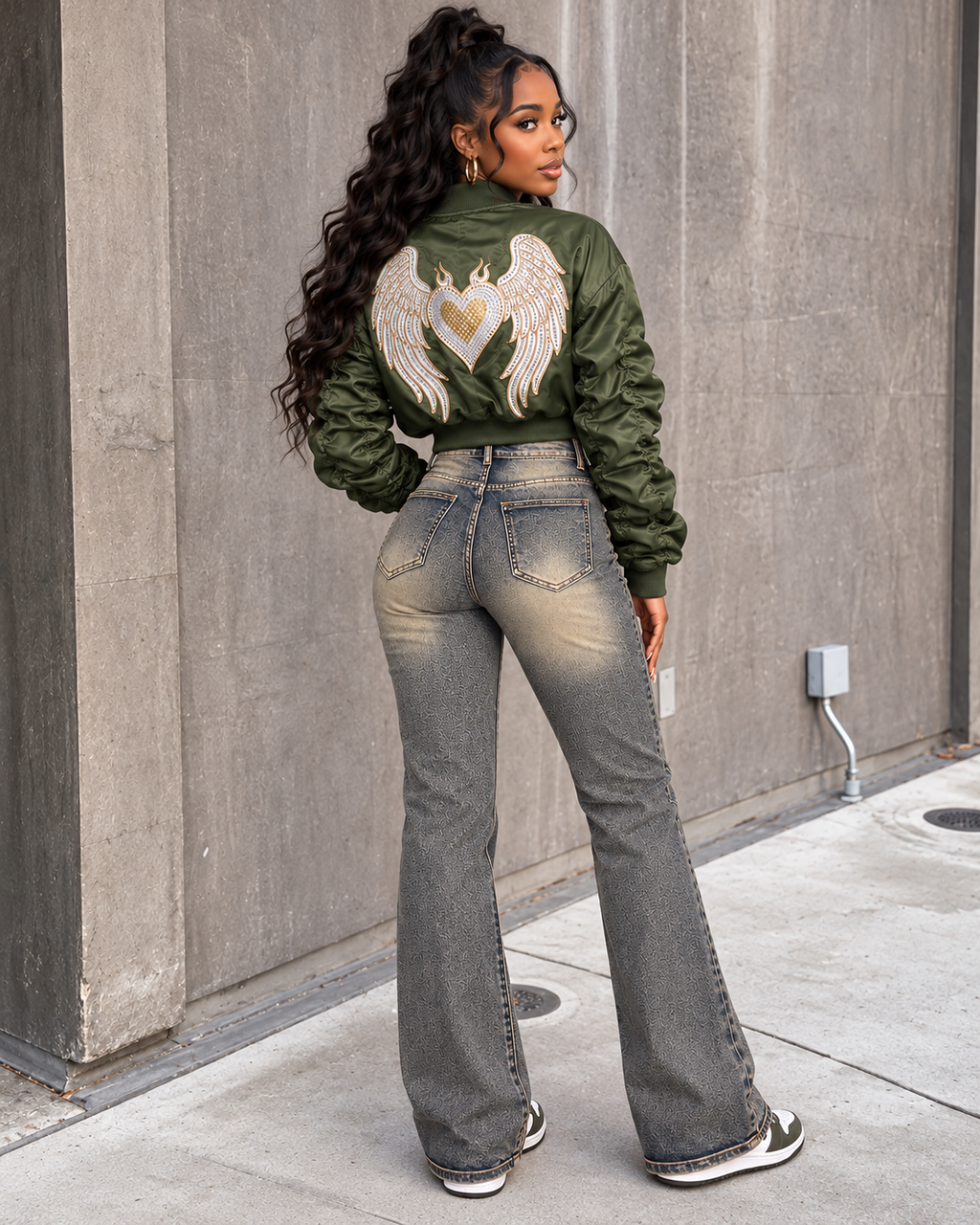 Patched Bomber Jacket & Jeans Set