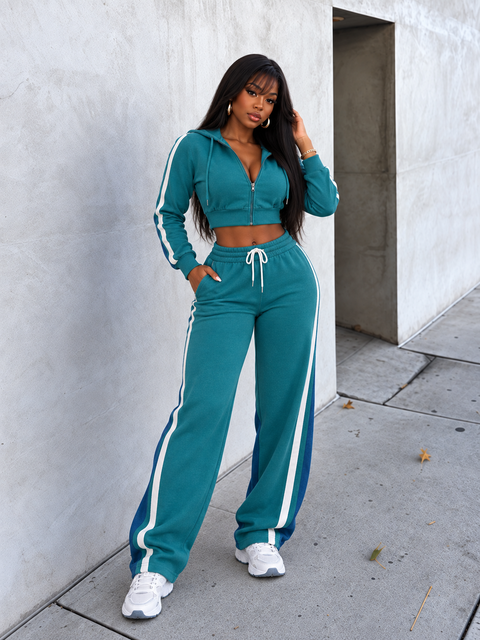 Soft Brushed Jacket & Denim Contrast Pants Set