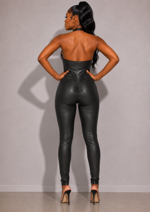 Zip Up Halter Faux PU Jumpsuit