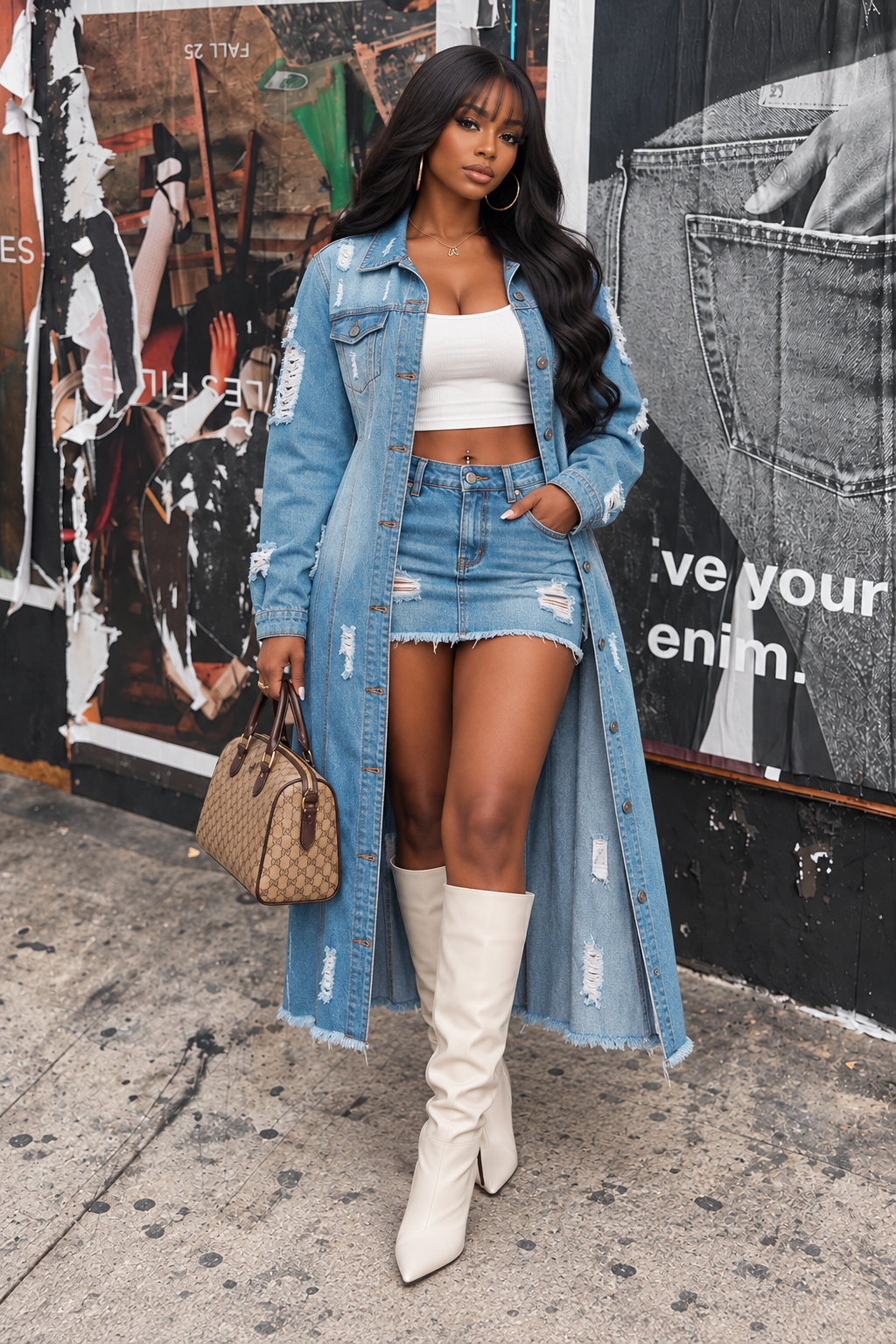 Distressed Denim Long Jacket