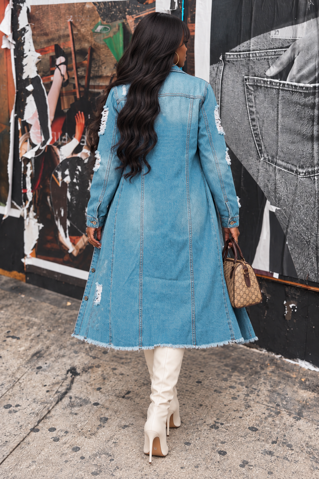 Distressed Denim Long Jacket