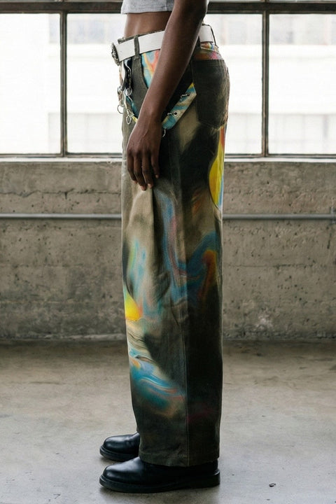 Abstract Print Belted Twill Pants