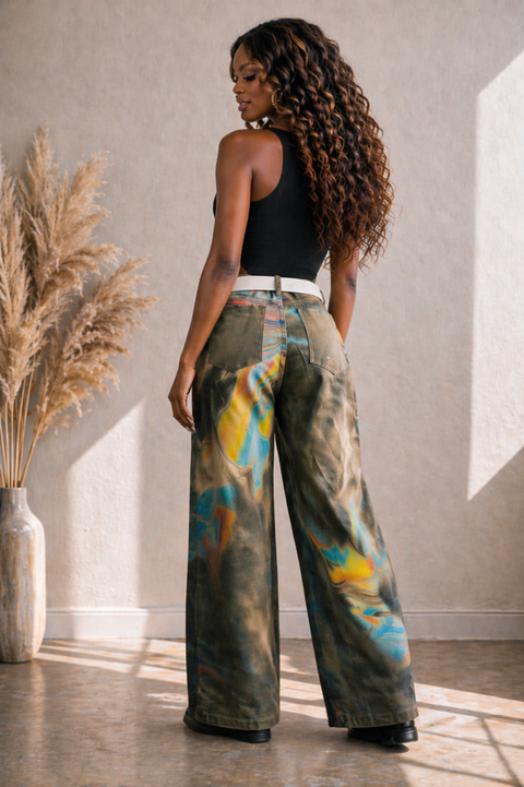 Abstract Print Belted Twill Pants