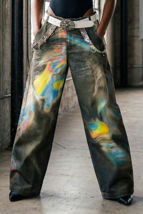 Abstract Print Belted Twill Pants