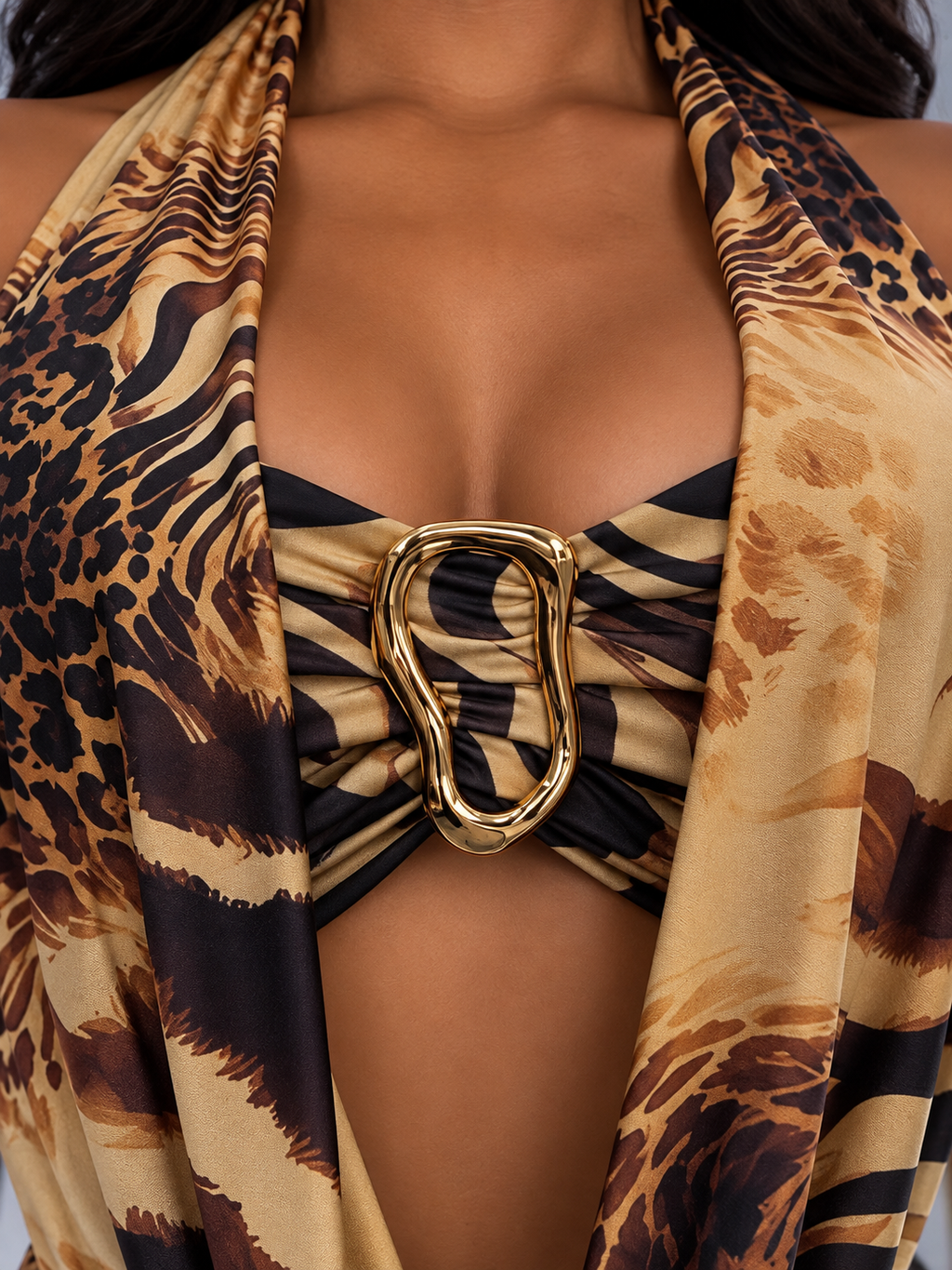 Printed Cowl Neck Gold Trim Romper