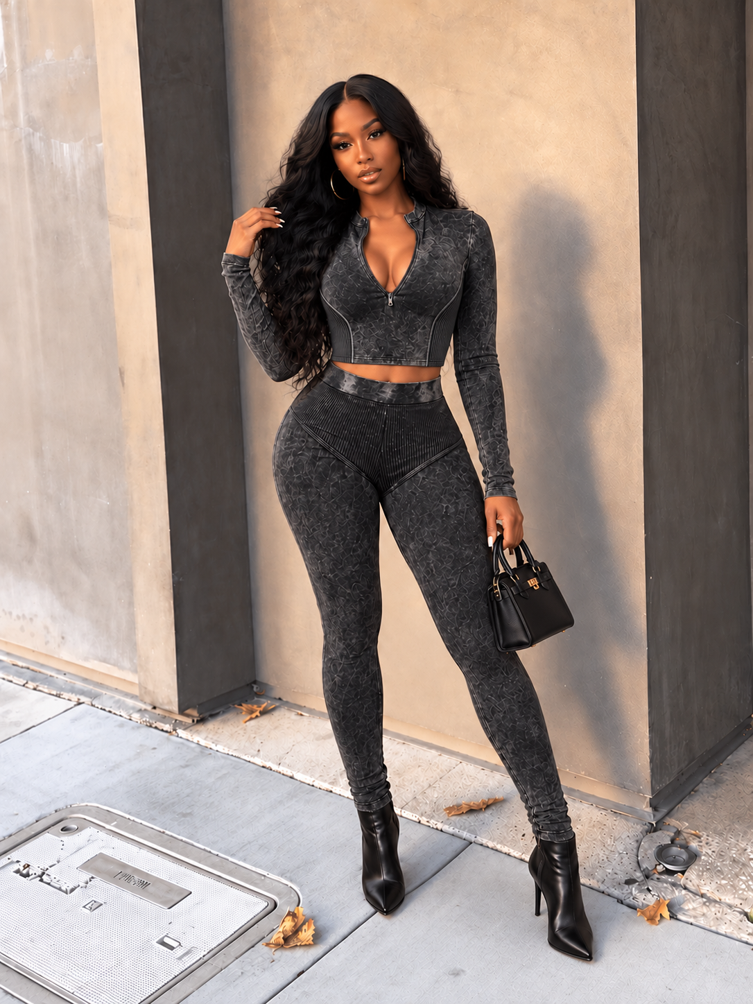 Washed Half Zip Crop Top & Leggings Set