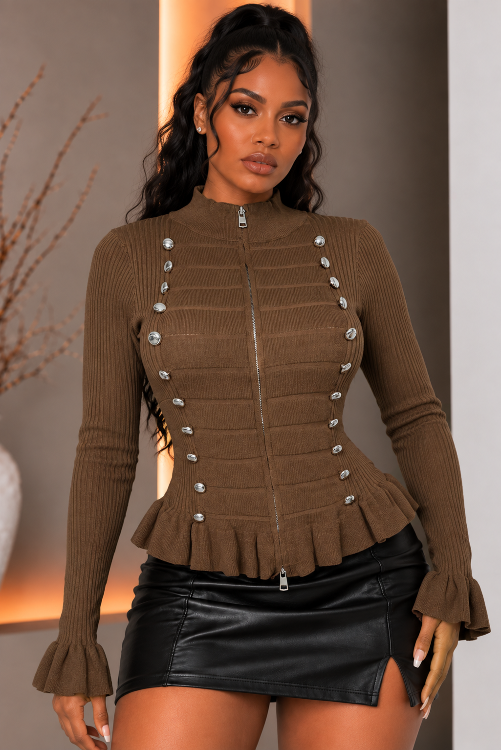 Napoleon Button Zip Up Long Sleeve Knit Top