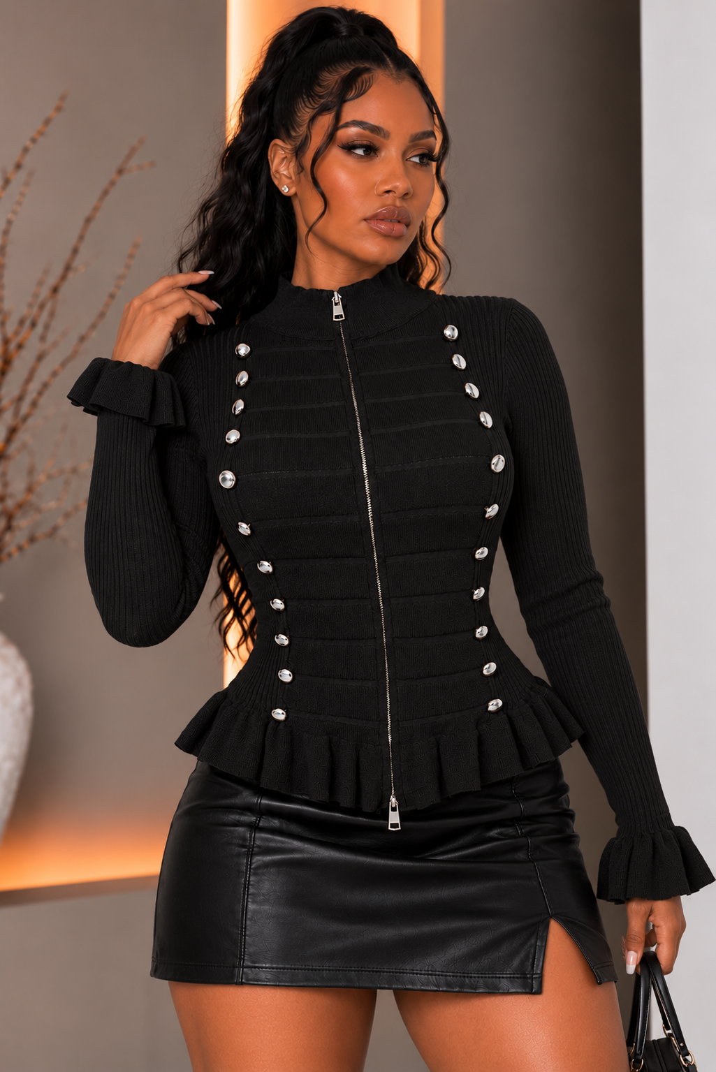Napoleon Button Zip Up Long Sleeve Knit Top