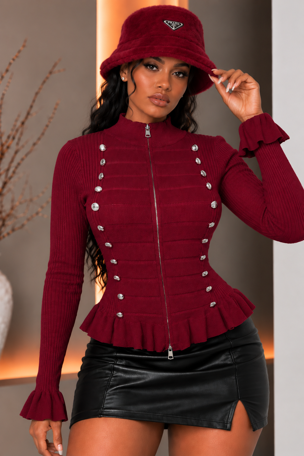 Napoleon Button Zip Up Long Sleeve Knit Top