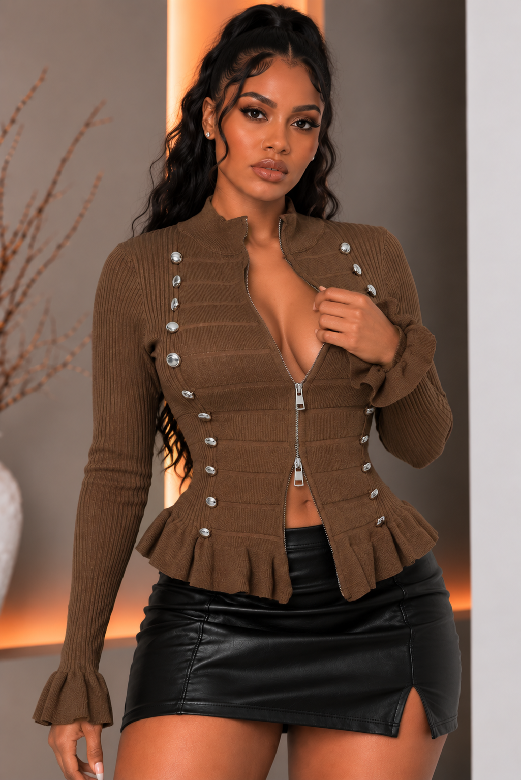 Napoleon Button Zip Up Long Sleeve Knit Top