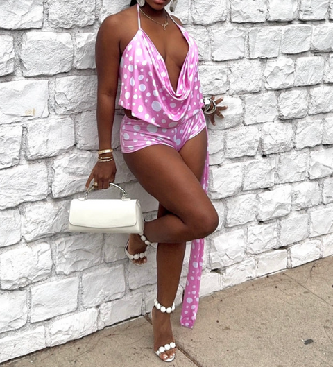 Polka Dot Halter Neck Top & Side Sash Detail Shorts Set