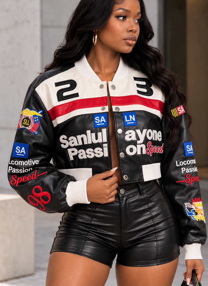 Faux Leather Patched Racing Crop Jacket