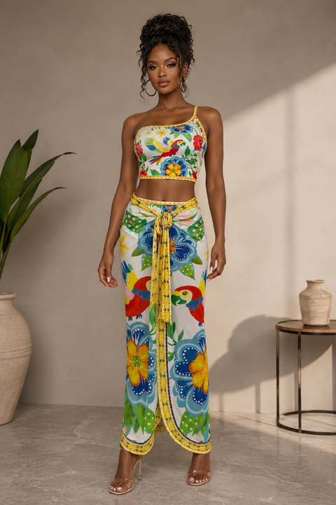 Flower Printed Mesh Skirt & Bikini Set