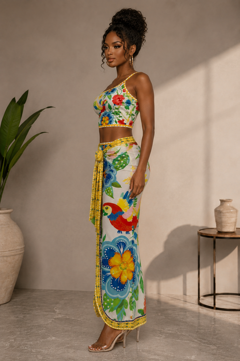 Flower Printed Mesh Skirt & Bikini Set