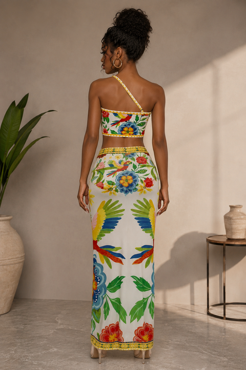 Flower Printed Mesh Skirt & Bikini Set