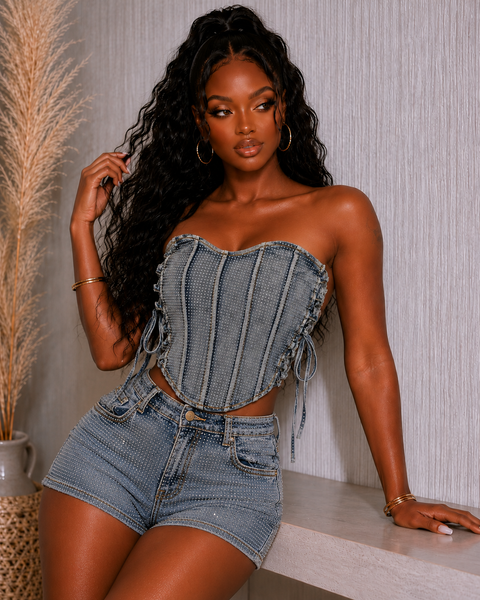 All Rhinestone Denim Shorts
