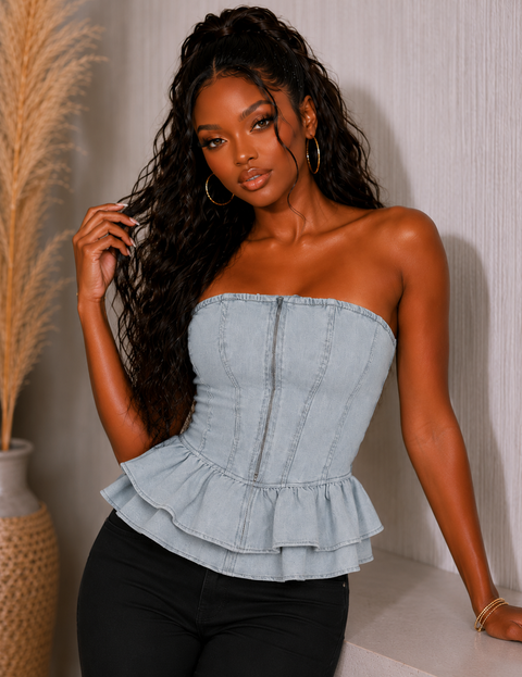 Ruffle Trim Zip Up Tube Top