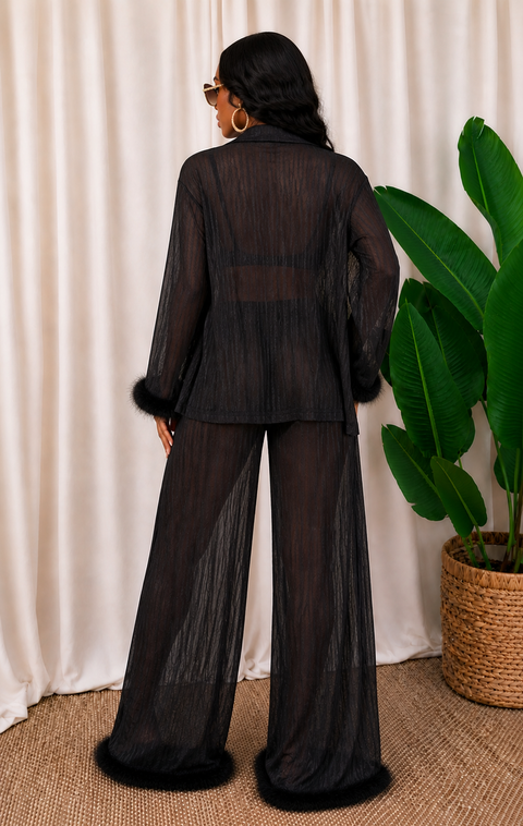 Sheer Bottom Fur Open Top & Pants Set