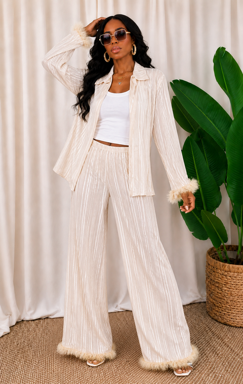 Sheer Bottom Fur Open Top & Pants Set