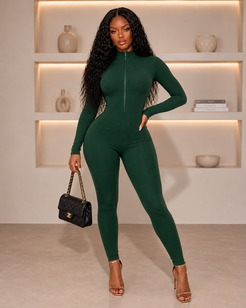 Seamless Ribbed Zipper Fitted Jumpsuit