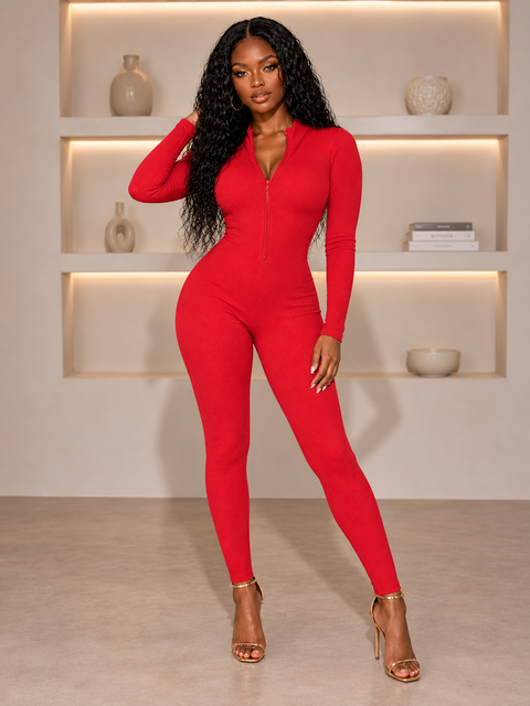 Seamless Ribbed Zipper Fitted Jumpsuit