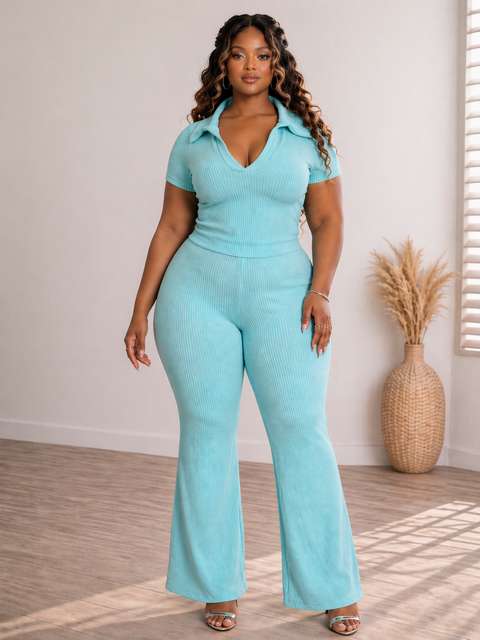 Ribbed Collar Top & Pants Set (Plus)