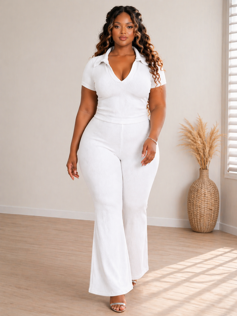 Ribbed Collar Top & Pants Set (Plus)