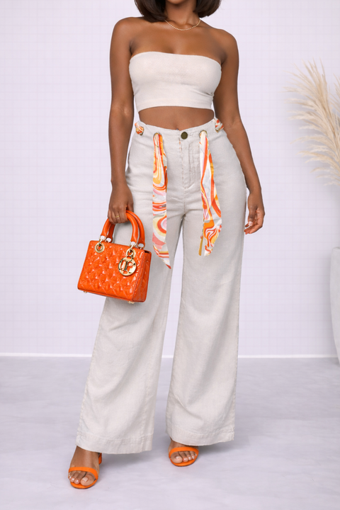 Silk Scarf Belt Wide Leg Pants