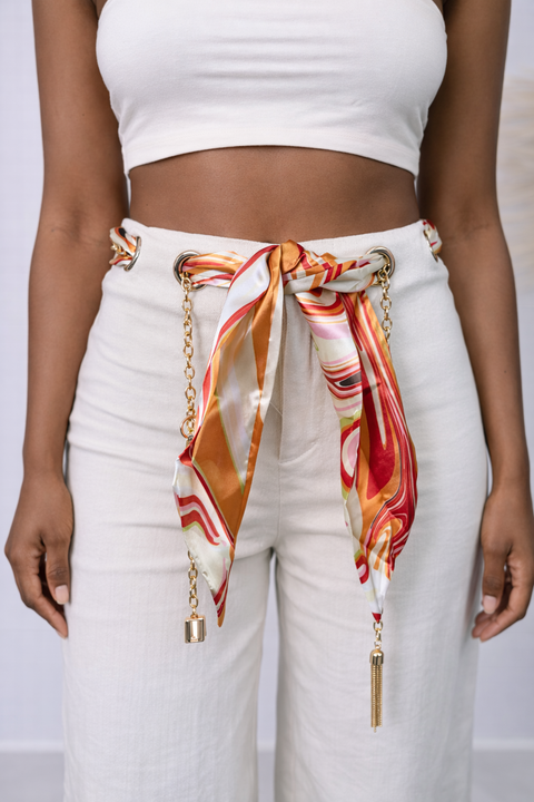 Silk Scarf Belt Wide Leg Pants