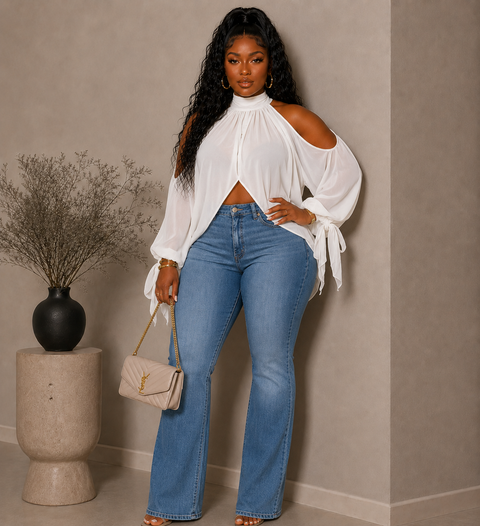 Open Back Drape Halter LS Blouse (Plus)