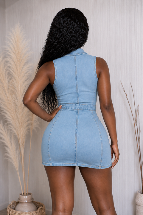 Gold Button Collared Denim Dress
