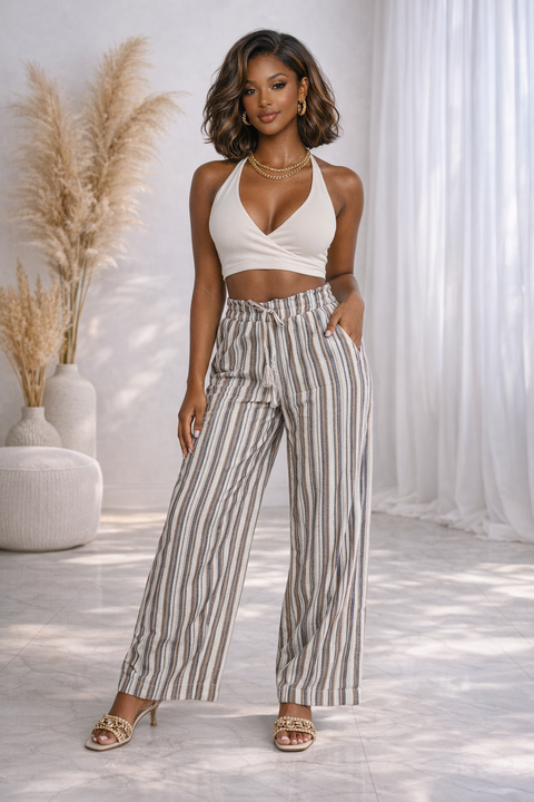 Striped Pompons Drawstring Pants