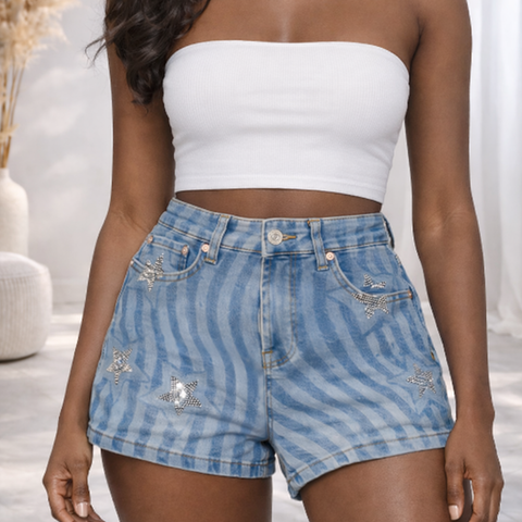 Stars Striped Denim Shorts