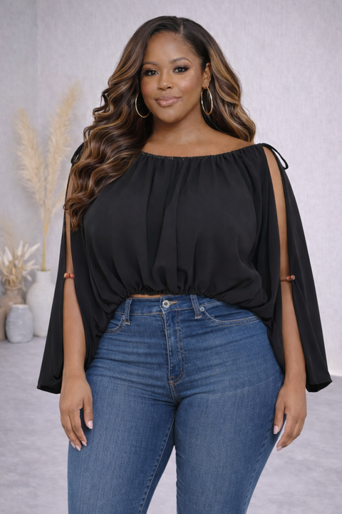 Split Sleeve Elastic Neck Loose Fit Blouse (Plus)