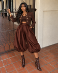 Faux Leather Wide Bubble Hem Capri Pants