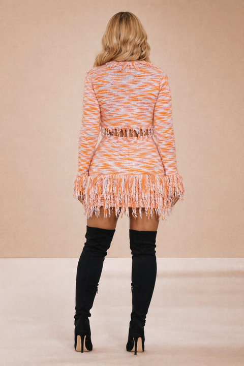 Printed Tassel Trim Knit Top & Skirt Set