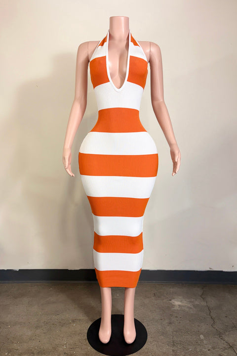Rib Knit Stripe Back Lace Maxi Dress