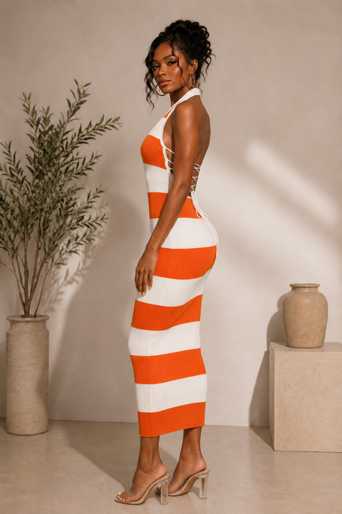 Rib Knit Stripe Back Lace Maxi Dress