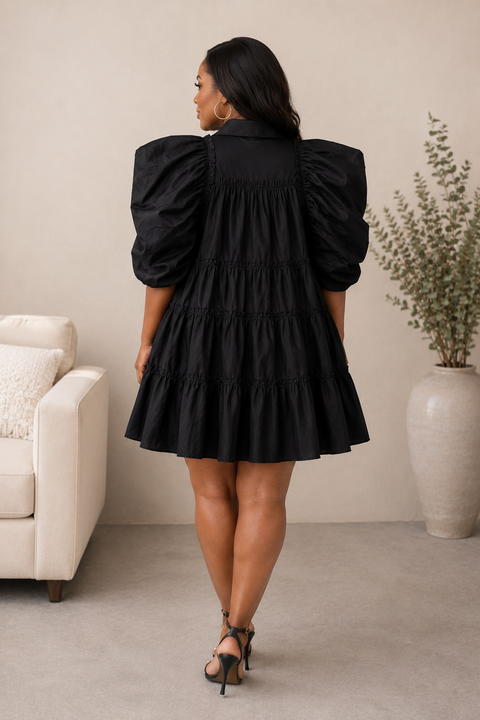 Big Puff Ruched Sleeve Button Dress (Plus)