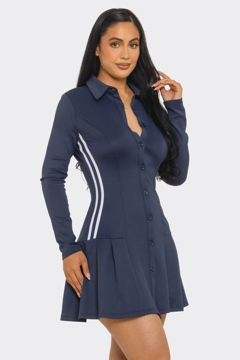 Collared Pleated Skirt LS Mini Dress