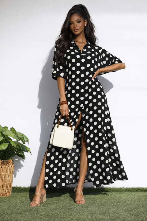 Polka Dot Button Down Shirt Long Dress
