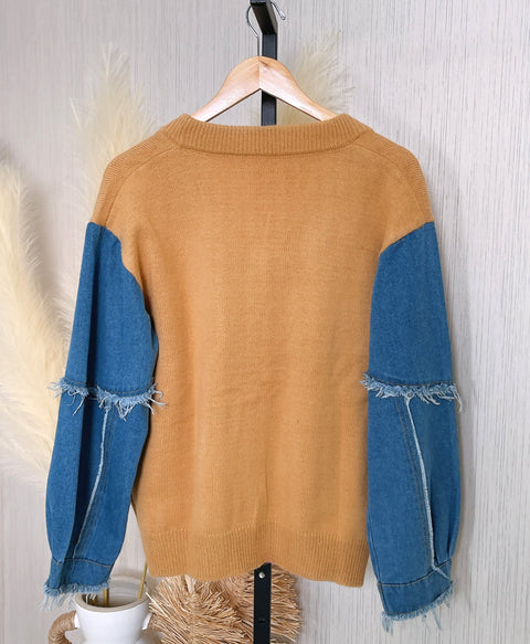Denim Sleeve Doll Patched Sweater Jacket