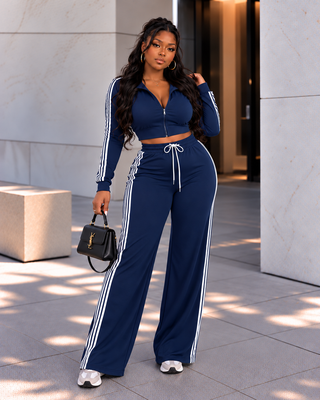 Side Striped Zip Up Top & Pants Set (Plus)