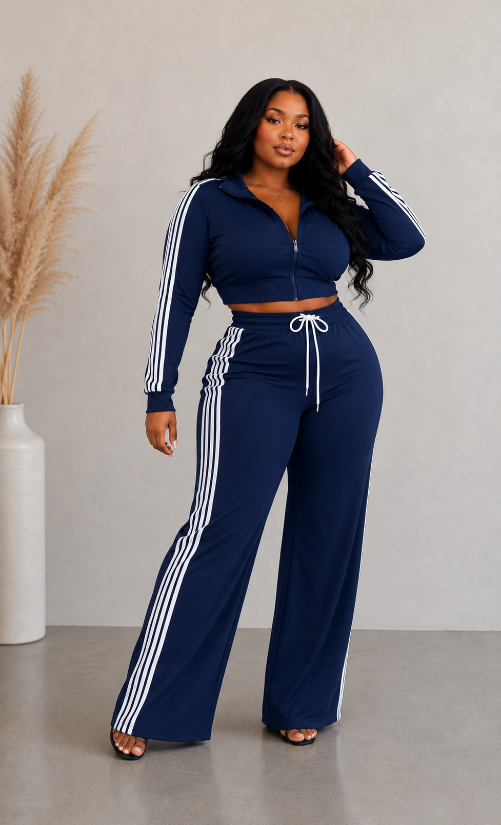 Side Striped Zip Up Top & Pants Set (Plus)