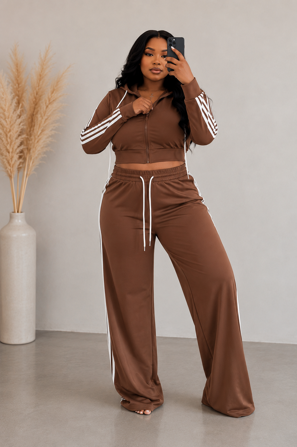 Side Striped Zip Up Top & Pants Set (Plus)