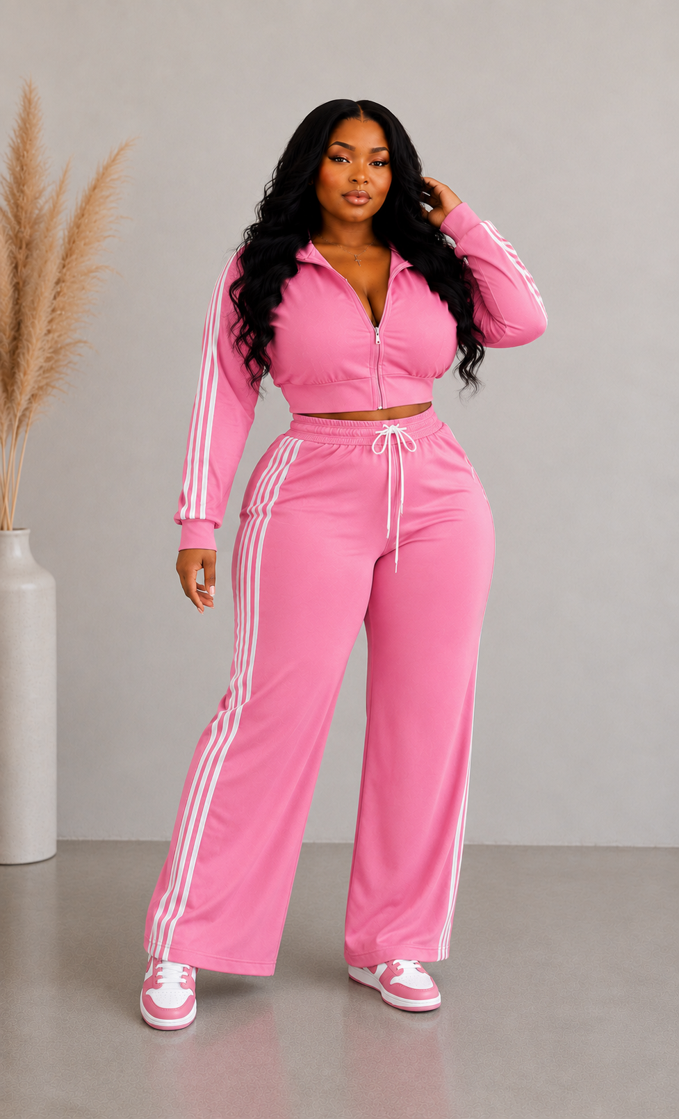 Side Striped Zip Up Top & Pants Set (Plus)