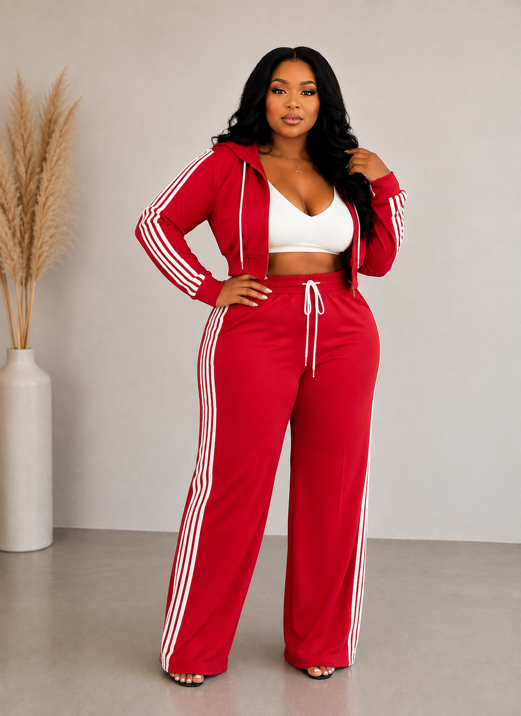 Side Striped Zip Up Top & Pants Set (Plus)
