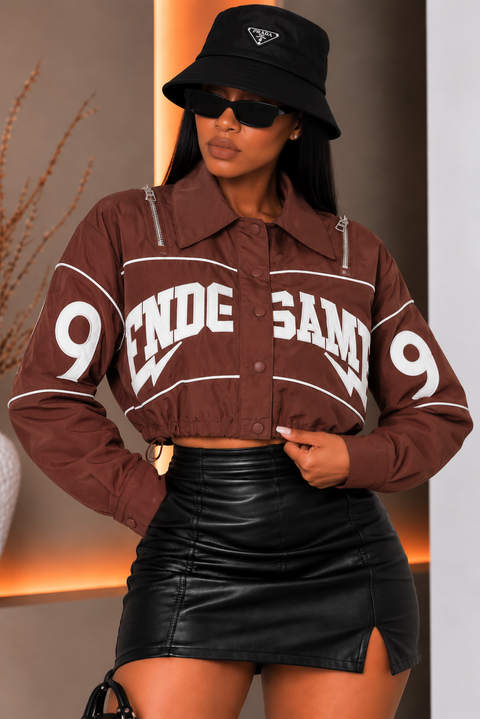 Track Faux PU Letter Crop Jacket
