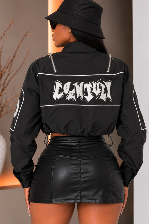 Track Faux PU Letter Crop Jacket