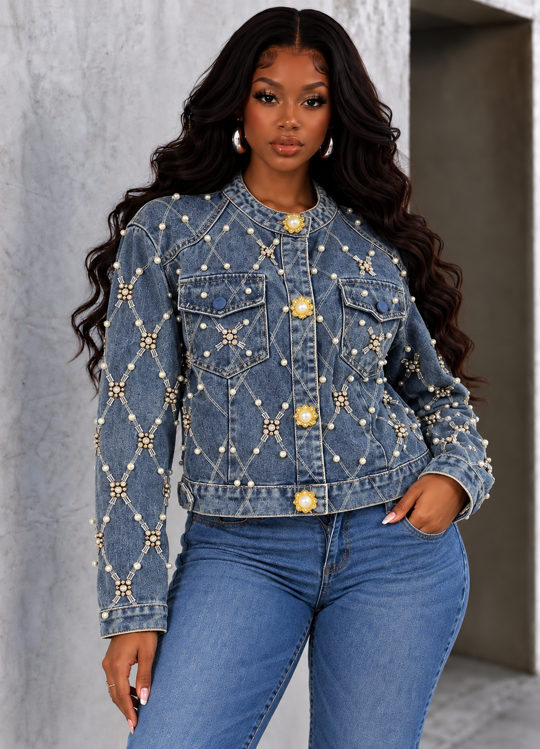 Pearl Gold Button All Stone Denim Jacket